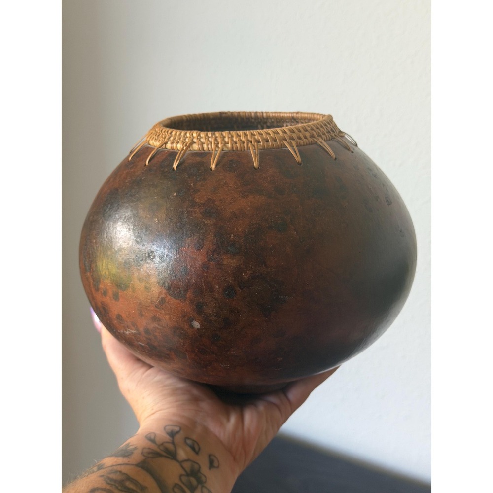 Vintage Gourd Vessel Handwoven Rattan Rim Organic Boho Home Accent